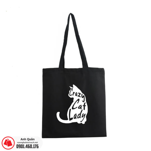 Túi vải bố in lụa Crazy-cat-lady màu đen